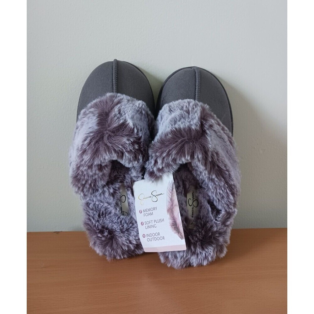 Jessica Simpson Faux Fur‎ House Slippers Memory Foam Gray Size XL (9-10)